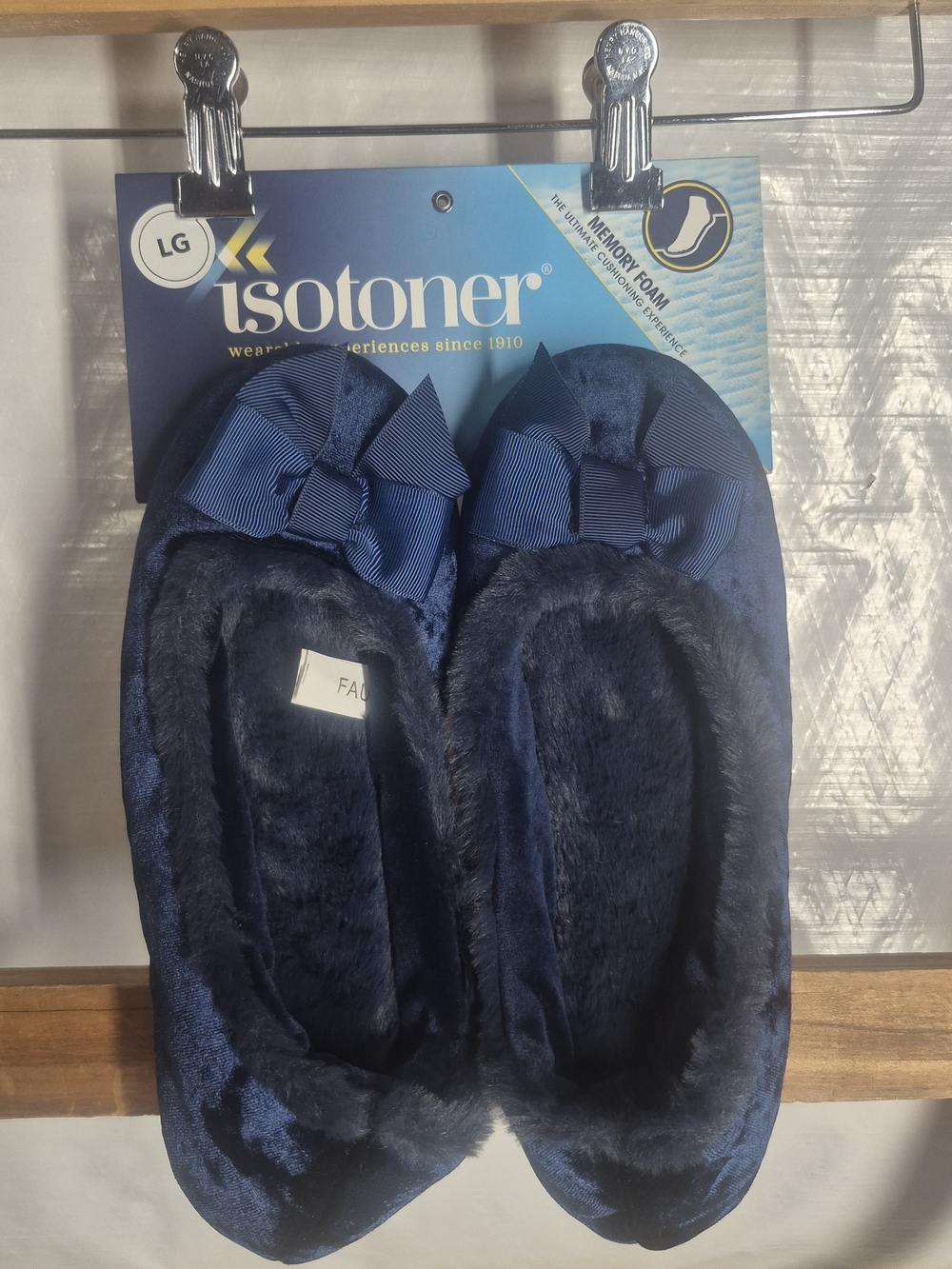 Isotoner Navy Bow Plush Memory Foam Slippers - Large